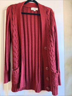 Forever 21 Brick Red Cable Knit Button-Front Cardigan